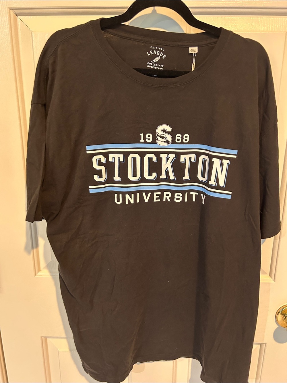 League Stockton University Graphic Tee in Black with Light Blue & White Print